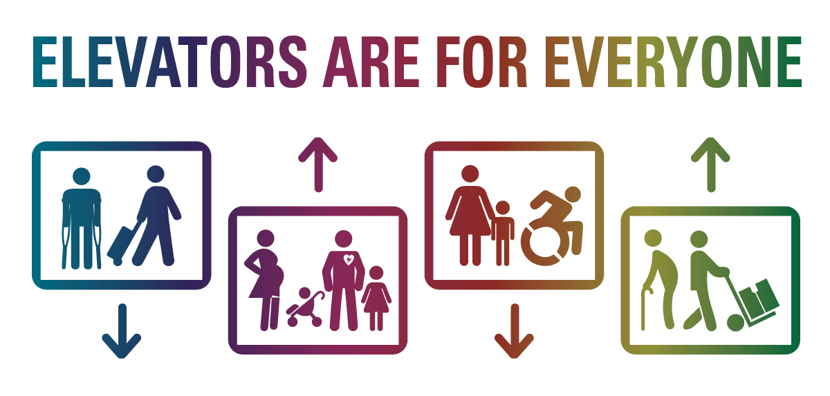 A graphic reads, "Elevators are for everyone." Illustrations of various people in squares.